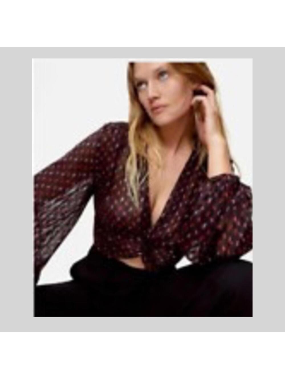 Zara Burgundy Sheer Polka Dot Wrap Crop Top Long Sleeve Plunging‎ V-Neck Sz 8-M